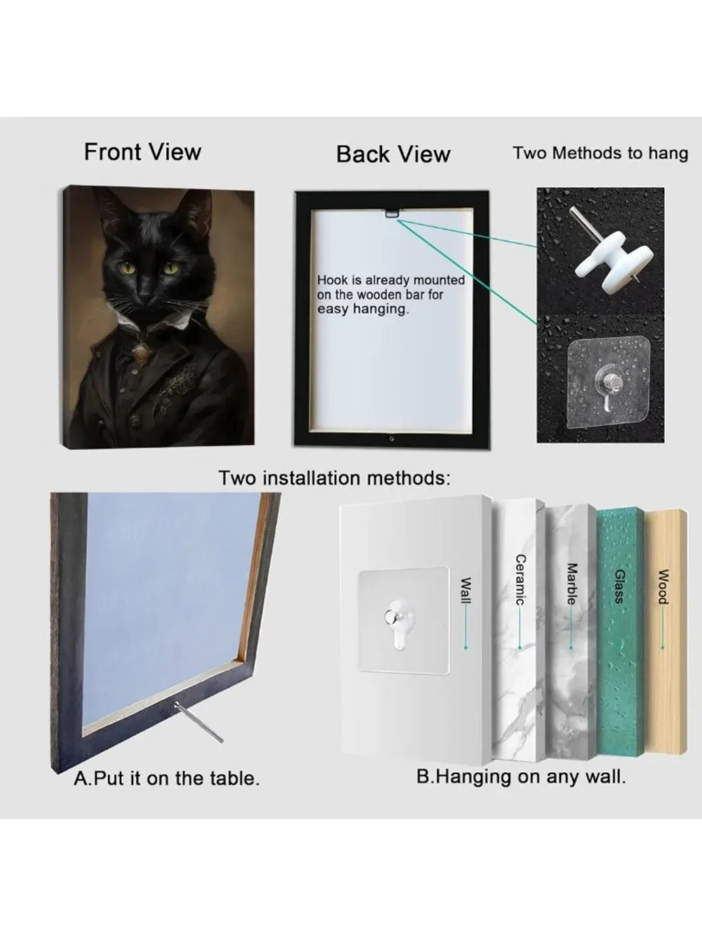 Gothic Black Cat Canvas Wall Art 11.5x15 - Dark Academia Decor, Halloween & Cat